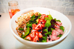 Spring Salad: Strawberries, Macadamia Nuts, Pickled Radishes, Bacon, Dried Cranberries, and Dried Blueberries